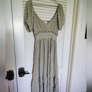 Bohera Italian  XL Floral  Boho Smocked  Peasant Dress Pockets 100% Rayon India